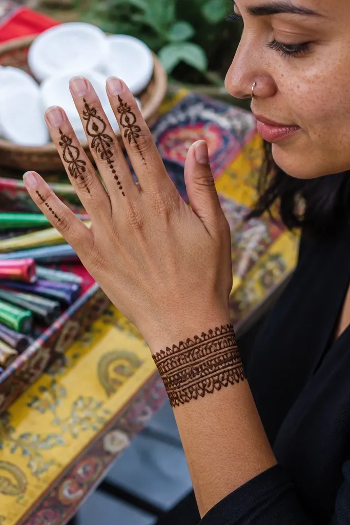 Mehndi wrist band with three small flower-like shapes on three fingers