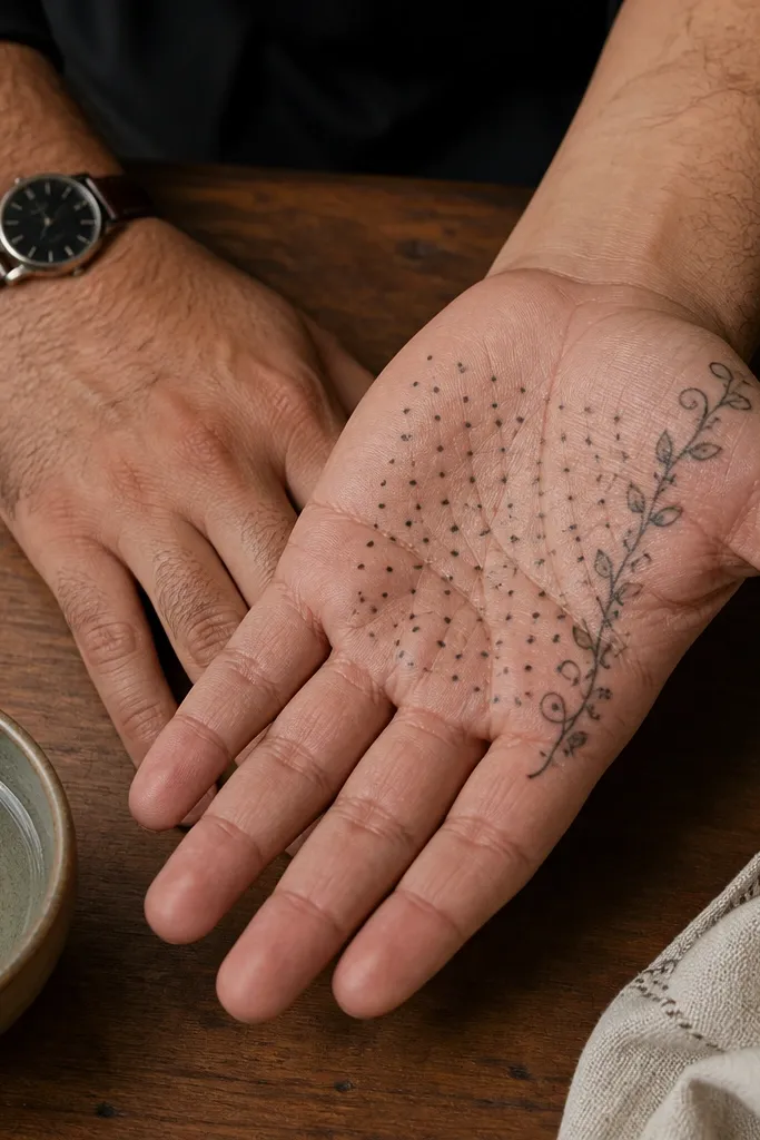 Small dot grid on the palm with a thin vine line along the side
