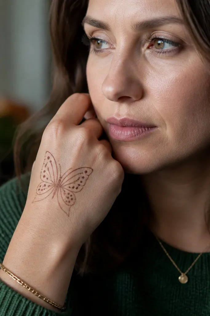 Back of hand with two symmetrical butterfly wing shapes and small dots