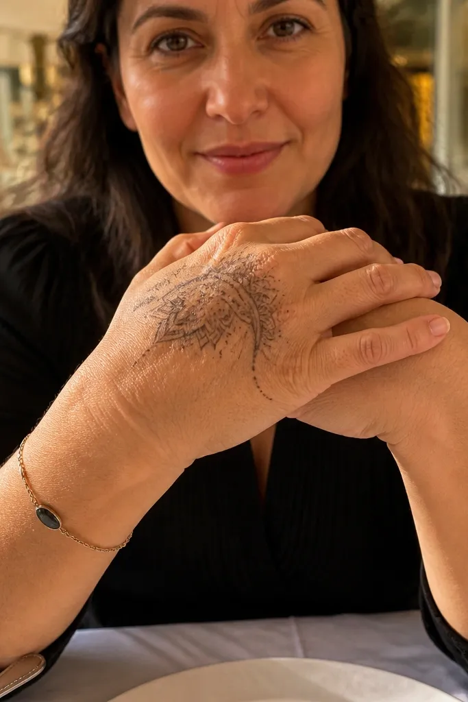 Half mandala pattern on the back of fingers with a circular center