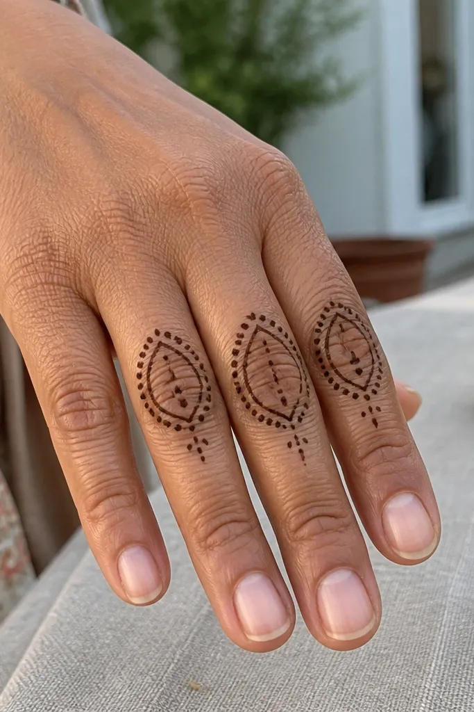 Three paisley teardrops lined vertically across three fingers