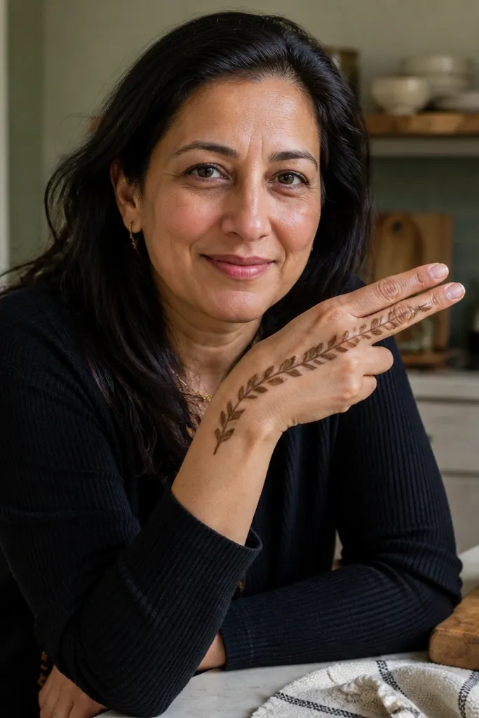Thin vine line across two fingers with small leaf curls