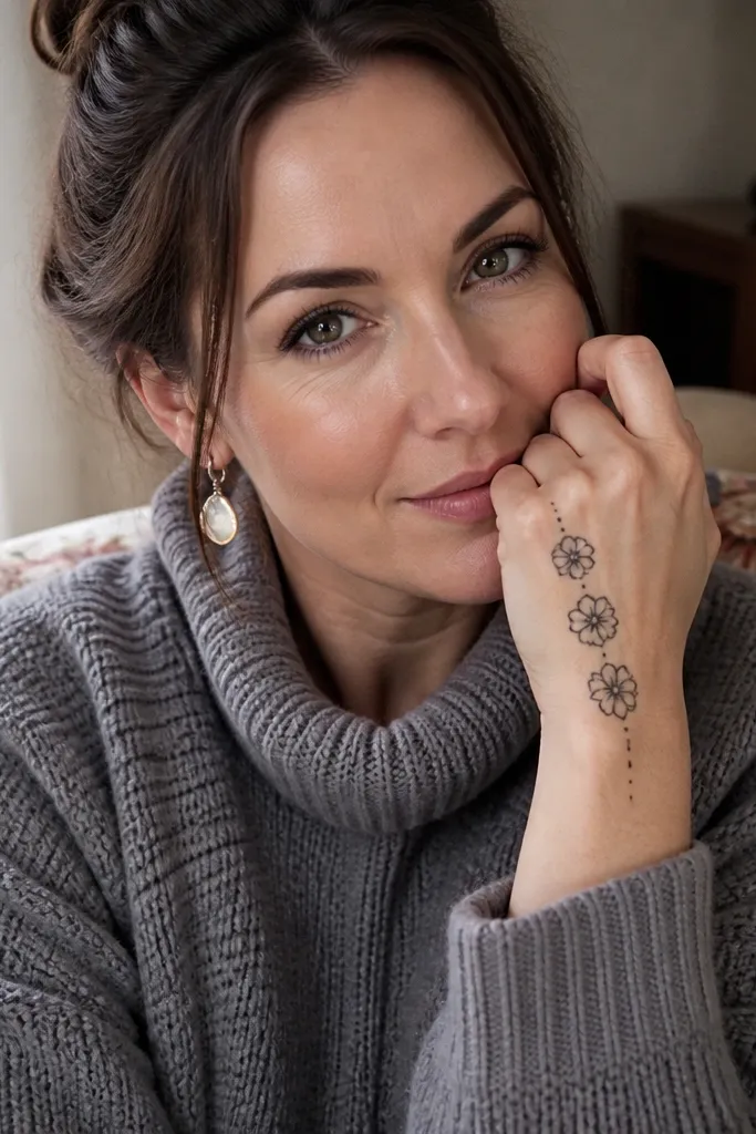 A ladder of three small flowers running from wrist to finger gap