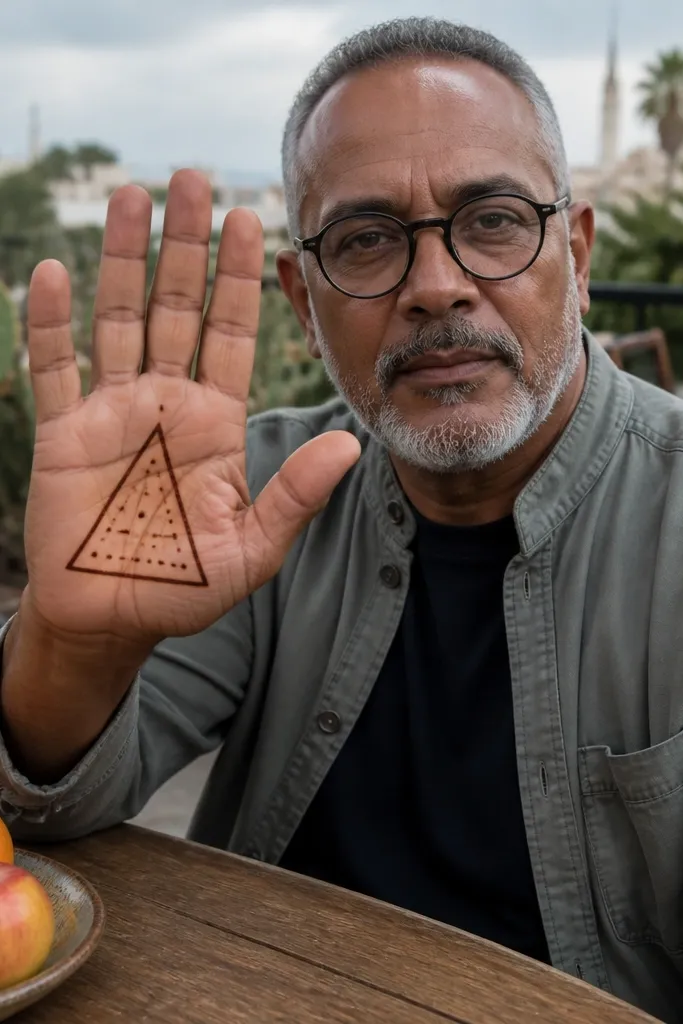 Triangle outline frame on palm with small dot fill inside
