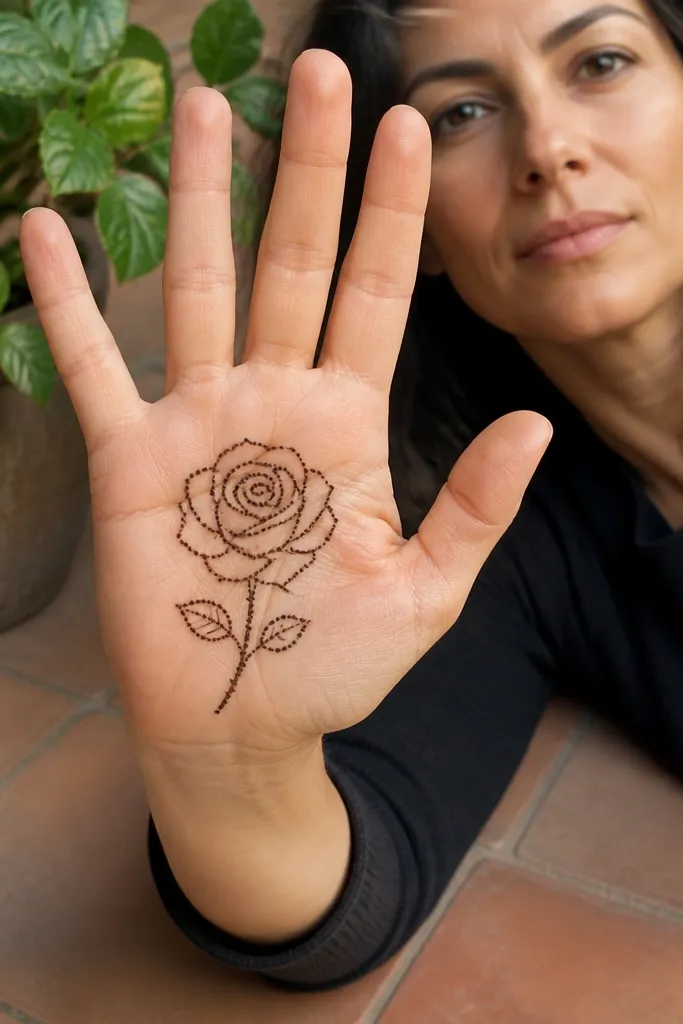 Rose outline in the center of the palm with tiny dot petals