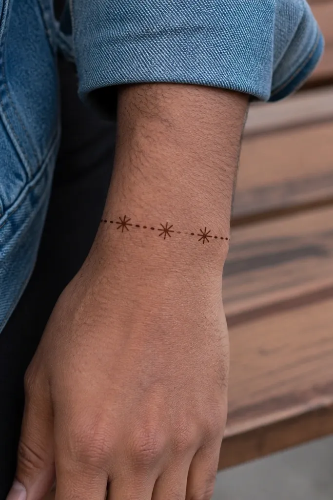 Thin spark strip along the side of the wrist with star dots