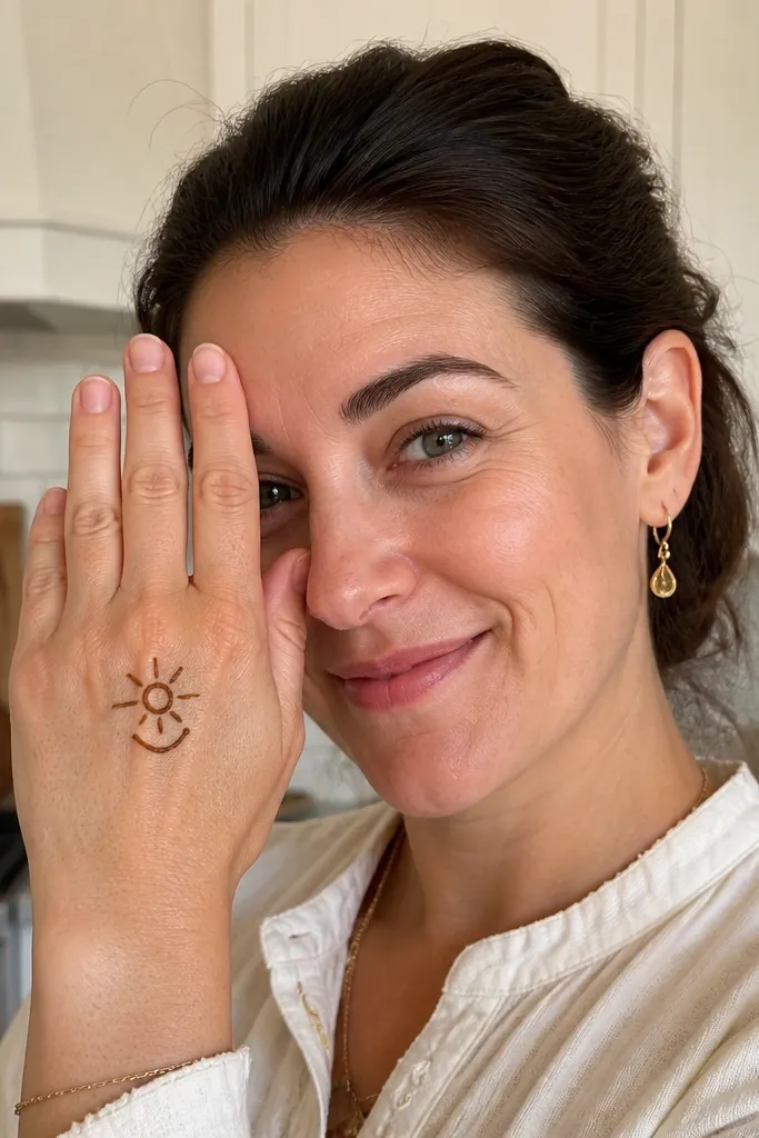 Back of hand with a small sunburst near knuckles and a curved smile line below