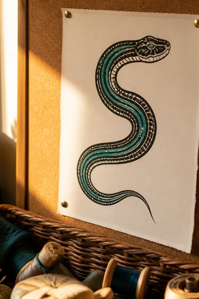 Black S-curve snake with evenly spaced stripes and one rust-red accent stripe