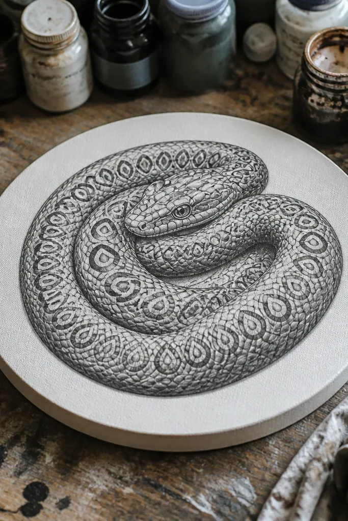Coiled snake forming a circle with teardrop scale shapes around the body