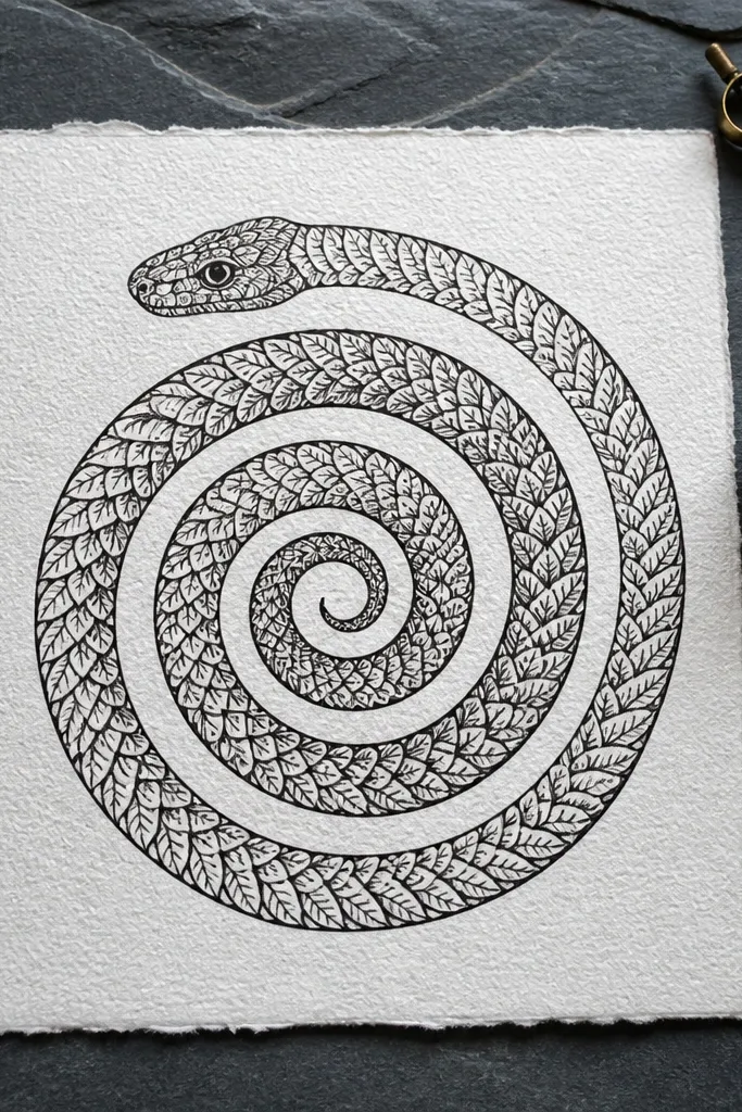 Single-ink snake spiral wrapped into a mandala with repeating leaf-like marks