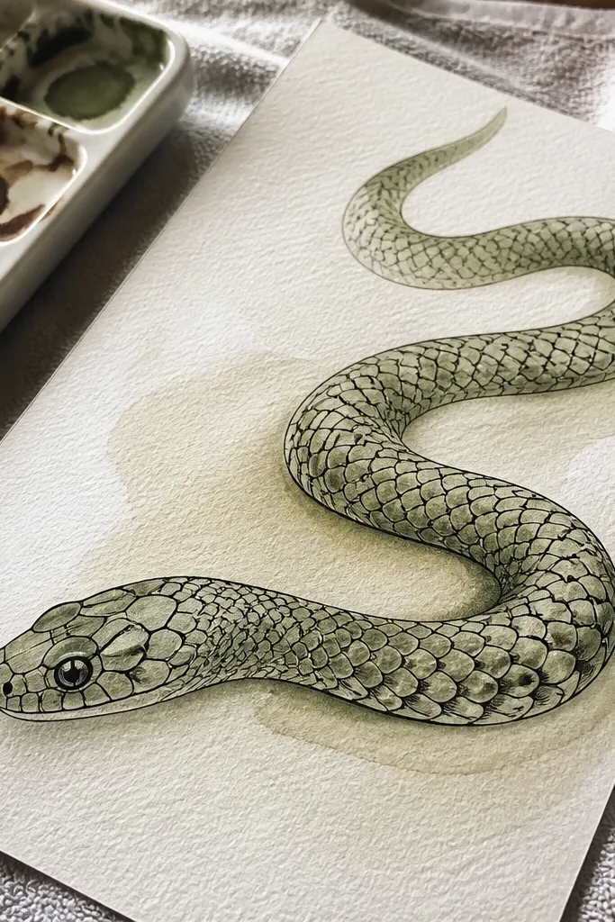 Soft green watercolor snake with sharp black ink scale lines and a simple head