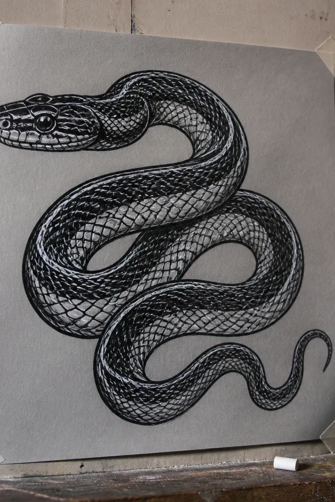 Black chalk-like snake on light gray background with white highlight lines
