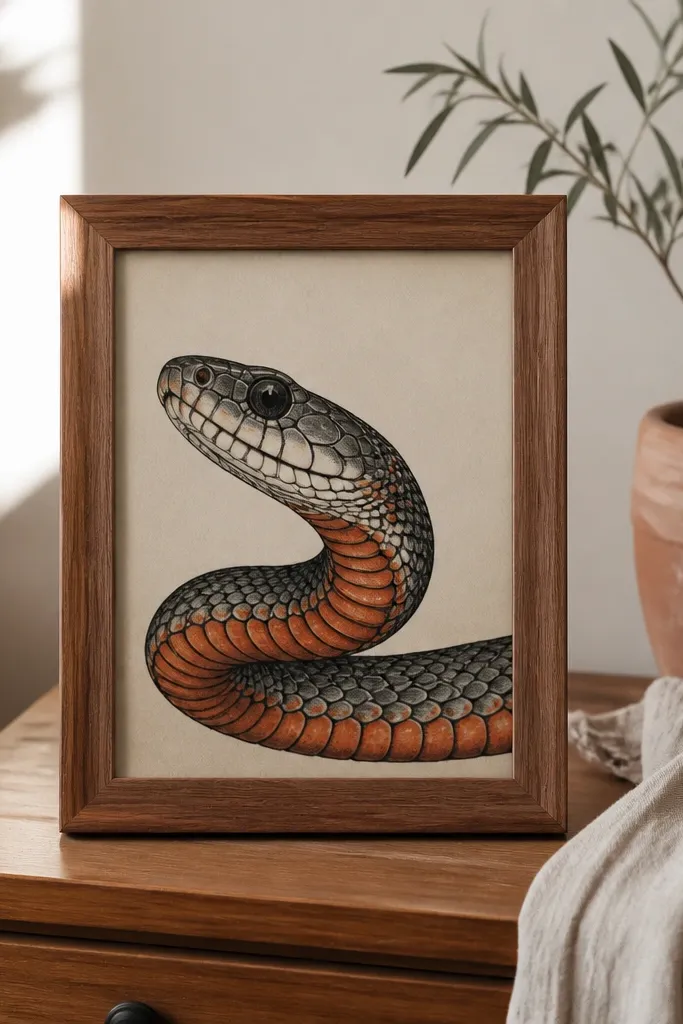 Black-outlined snake with rust-orange belly bands and a shaded head