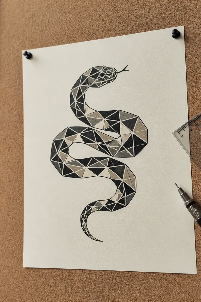 Geometric snake made of triangle facets with a clean head and sharp edges