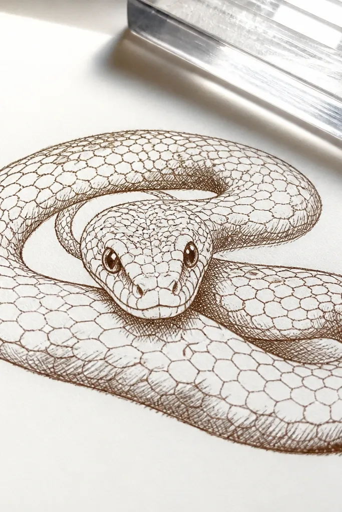 Single-color ink snake with crosshatch shadows under the belly and along coils