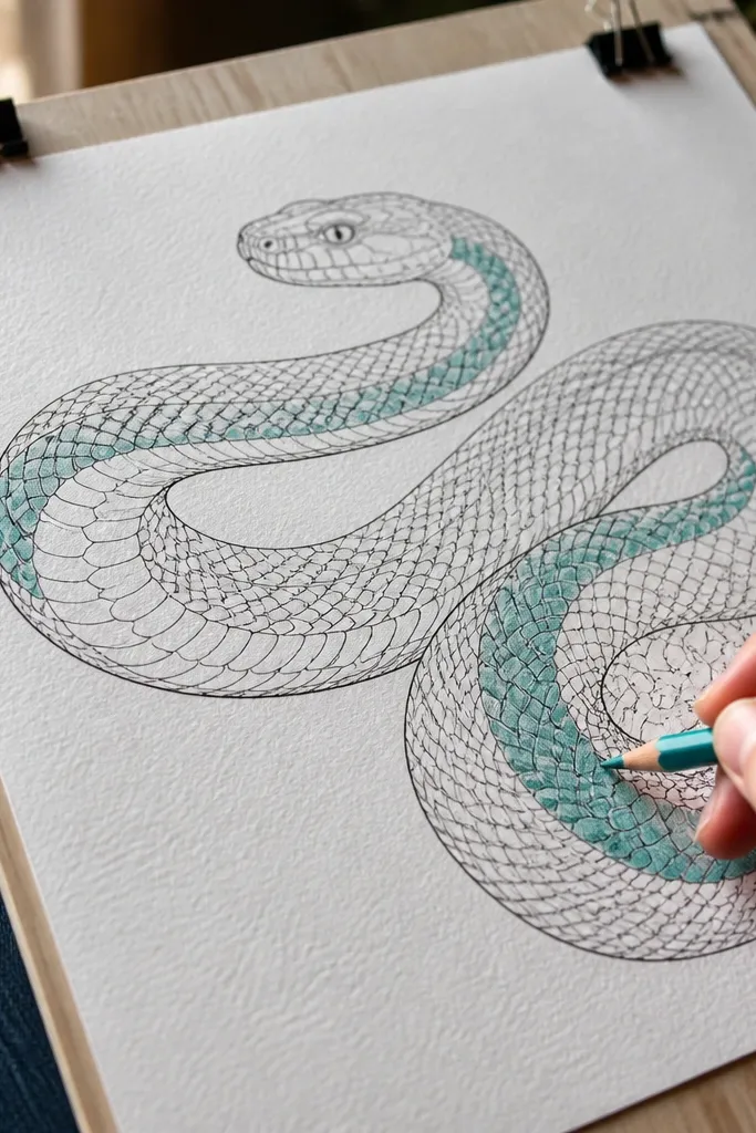Black ink snake with chevron scales colored in sage green along the body