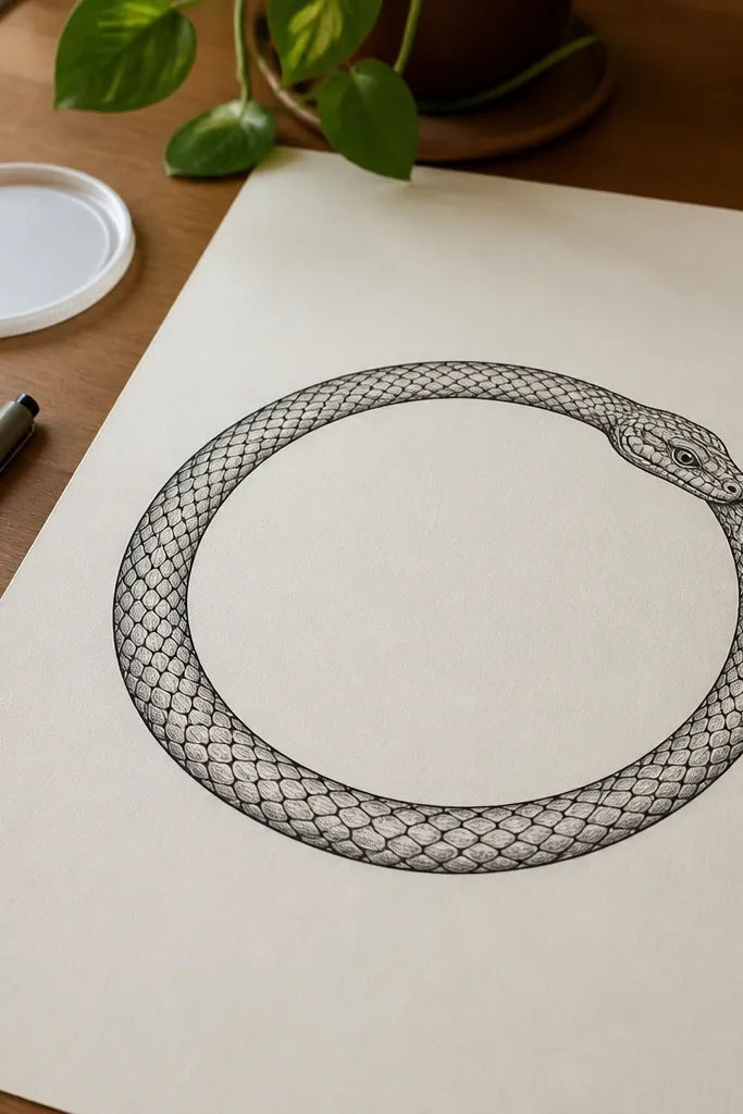 Snake wrapped around a thin circle frame with small scale marks and a bold head
