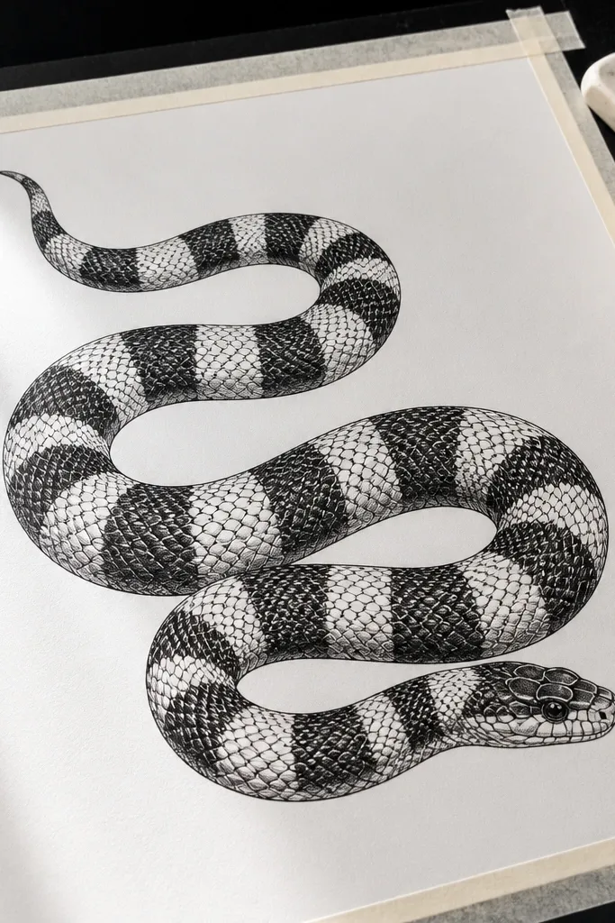 Black snake with alternating white gaps and tight hatching bands on the body