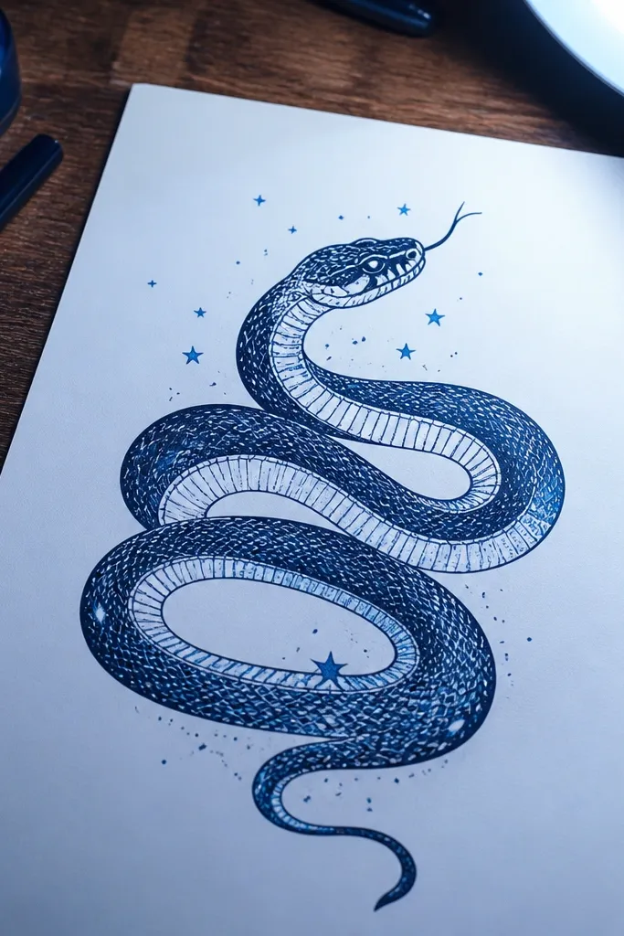 Dark blue snake outline with lighter blue specks and a small glowing star near the head