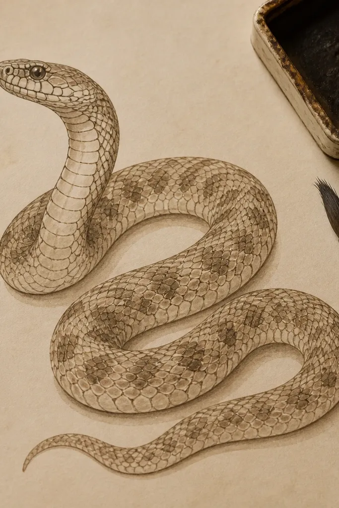 Brown ink snake with simplified realistic scales and three repeating scale zones