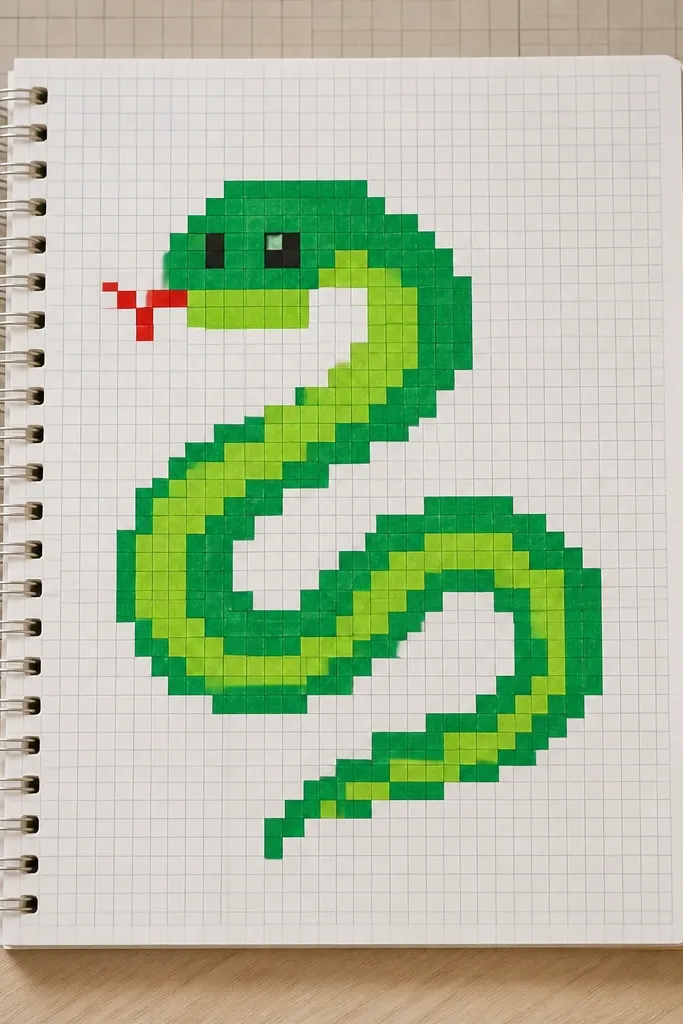Snake drawn on grid paper with pixel-like square scale blocks