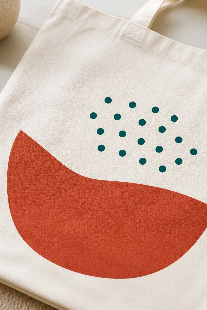 A close-up photo of a cream canvas tote laid flat on a table. A bold terracotta shape and a small teal dot pattern are painted on the front. The paint looks matte and smooth, with sharp edges and no cracking lines across the fabric.
