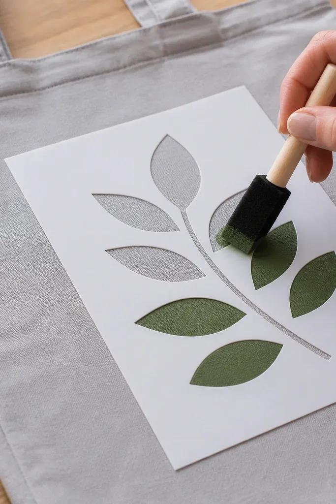 A photo of a stencil positioned on a gray canvas tote front. A small foam stencil brush is held perpendicular to the fabric, with paint only visible inside the stencil openings. The painted letters show clean, straight boundaries with no bleed.