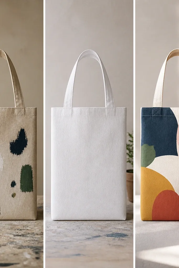A triptych-style photo: left shows raw canvas with patchy paint; middle shows canvas after a thin white primer layer; right shows a finished tote with smooth, evenly saturated colors. The middle panel looks slightly matte and uniform.