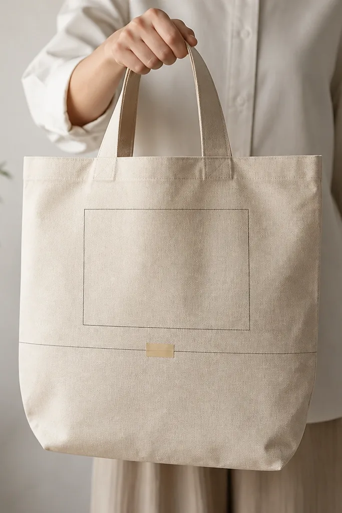 A tote bag held in a slight curve with a pencil-marked rectangle on the front. The design is centered above the seam, and a small strip of tape indicates where the fold line will be when the bag is carried.