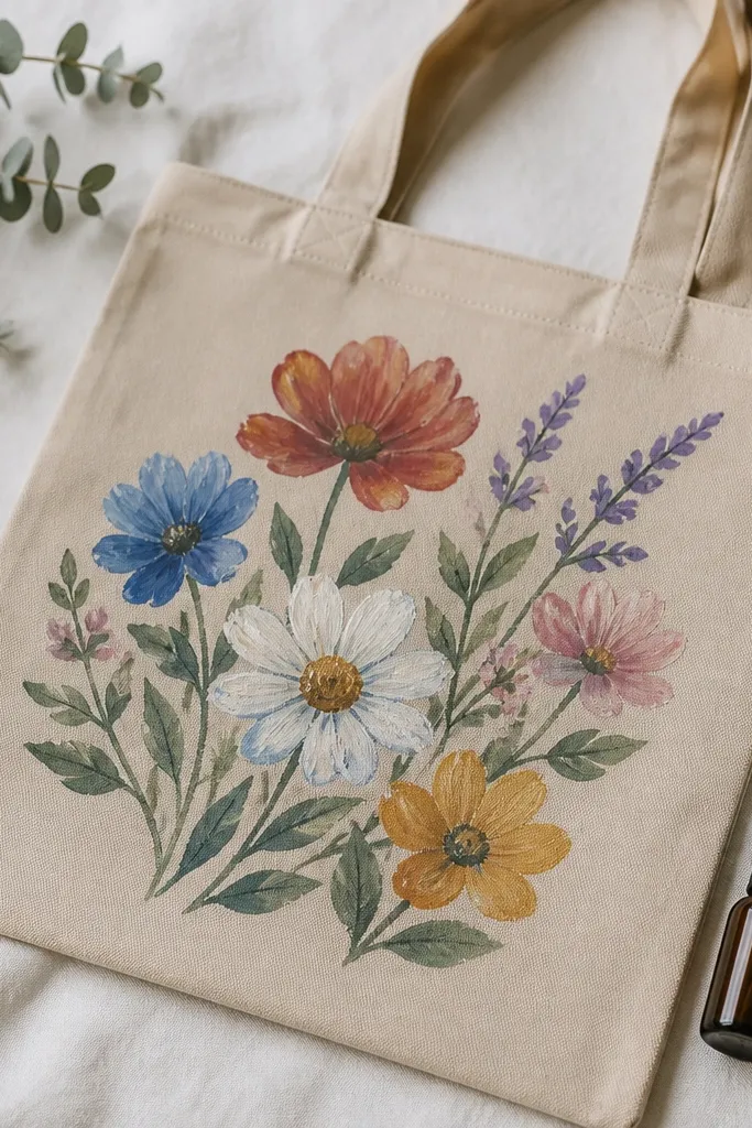 A finished tote with a multi-color flower design. Nearby are two small bottles labeled fabric sealant and clear spray. The photo shows the tote surface as matte with a faint sheen only where paint is thicker.
