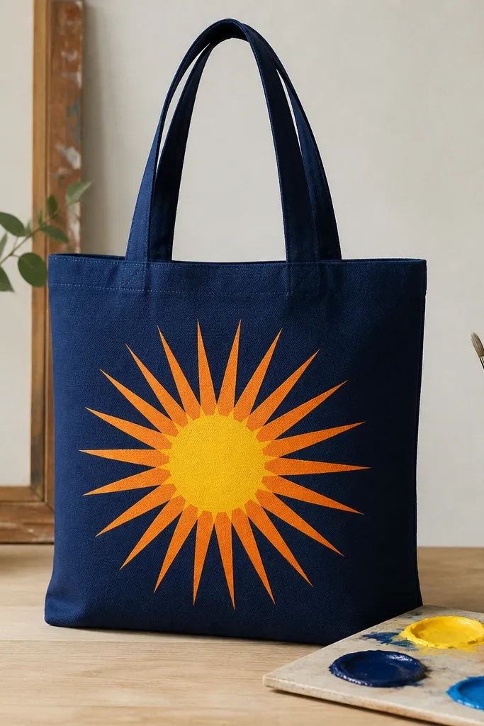 A tote front with a sunburst design. The orange rays are crisp, the yellow center is brighter, and the background navy stays clean. A small palette with separated paint piles is visible.