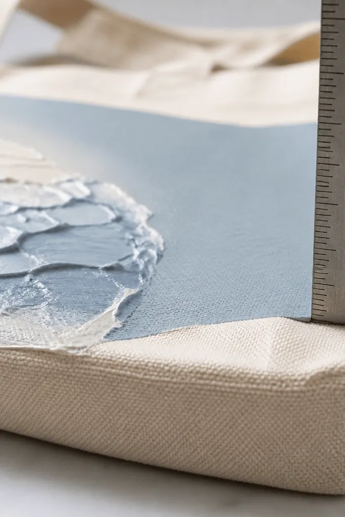 A close-up of a painted tote corner with a thick paint blob compared to a thin, smooth section. The thick area looks slightly raised; the thin area looks flat and even. A ruler shows the thickness difference.