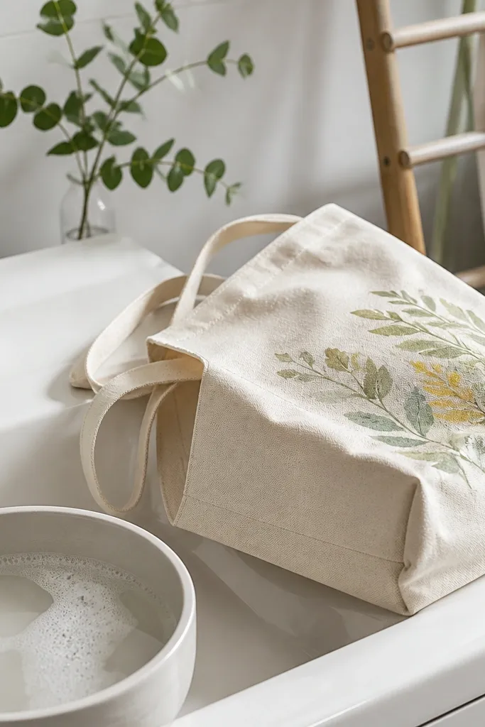 A tote bag on a bathroom sink with cold water and a gentle detergent. The painted area is shown from the side, and the tote is being air-dried on a rack. No soaking is shown.
