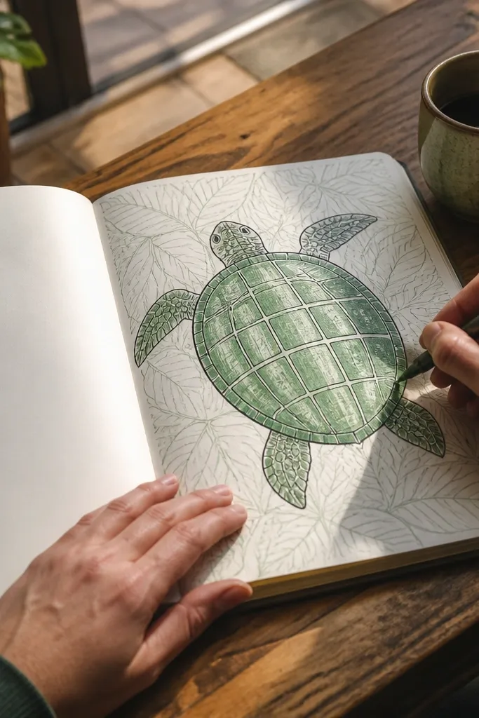 A turtle with an oval shell made of neat square tiles and simple outlines