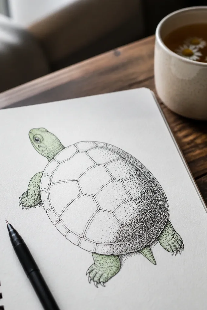 A turtle with a smooth shell shaded by a line of dots