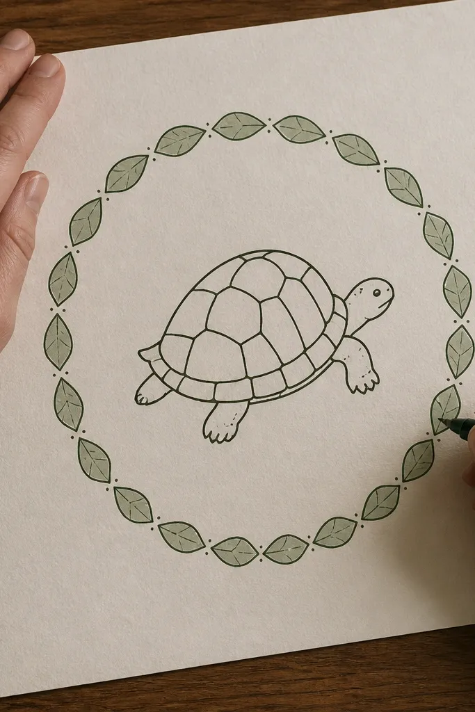 A turtle centered inside a rounded frame made of leaf shapes