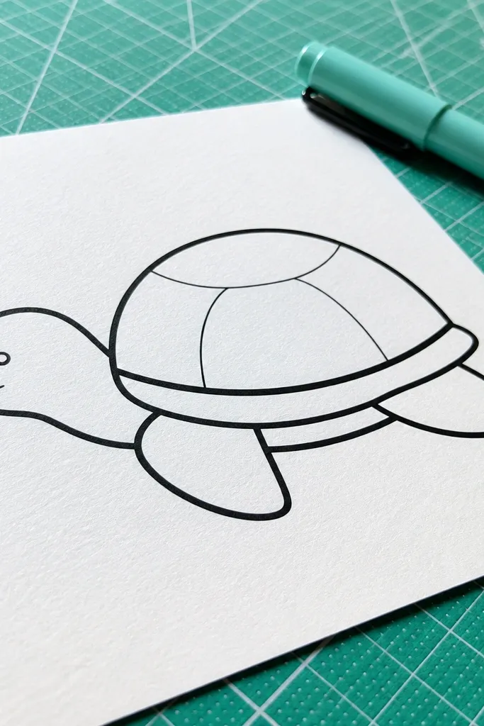 A turtle with thick black outline and very simple shell details