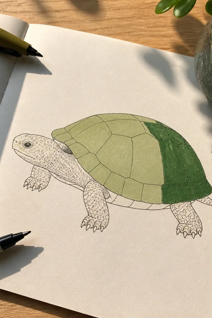 A turtle shell colored in two to three soft color blocks