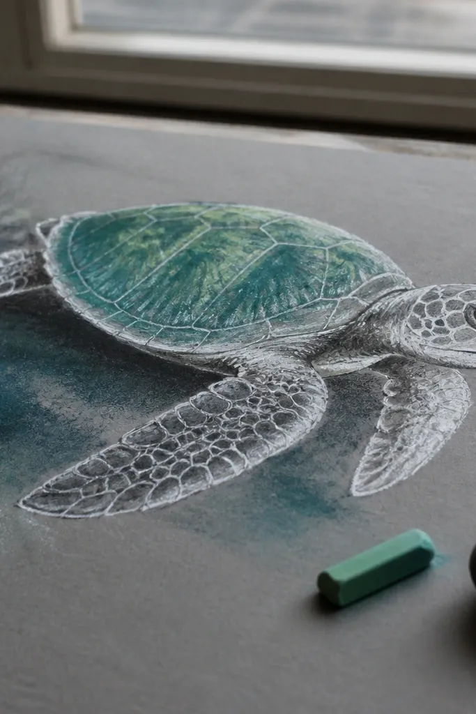 A turtle drawn with soft chalk-like lines on gray paper