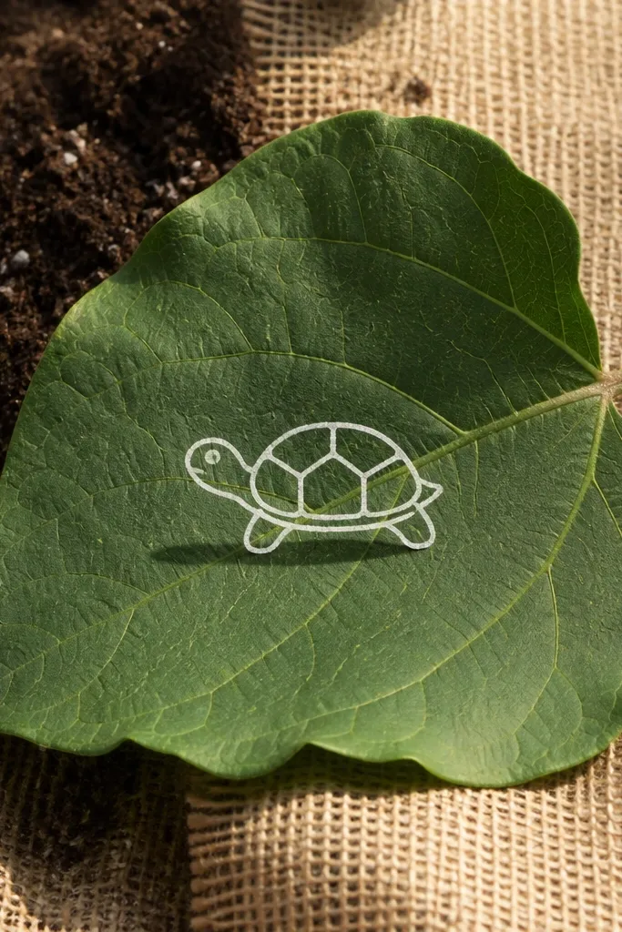 A small turtle sitting on a large leaf shape