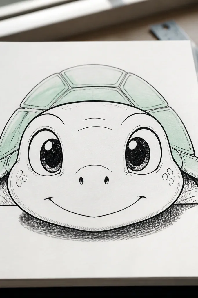 A turtle with a big expressive eye and simple shell lines