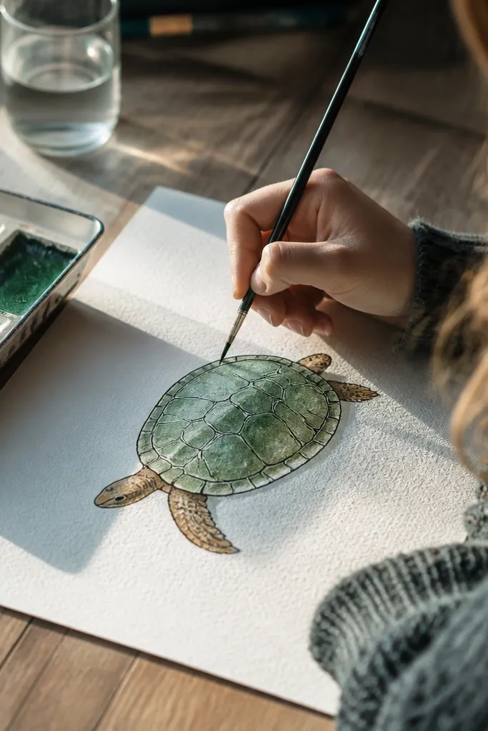 A turtle with watercolor-like soft colors and black outlines
