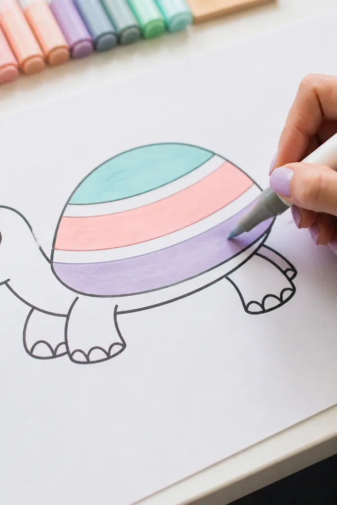A turtle with pastel stripes across the shell and a simple outline