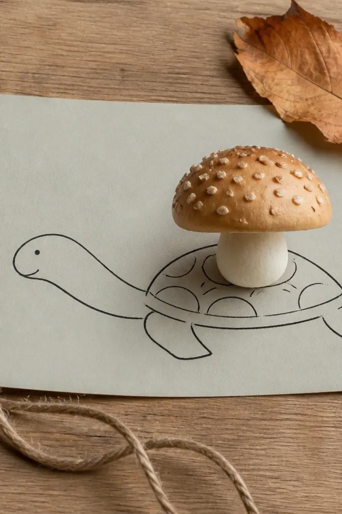 A turtle with a small mushroom on its shell