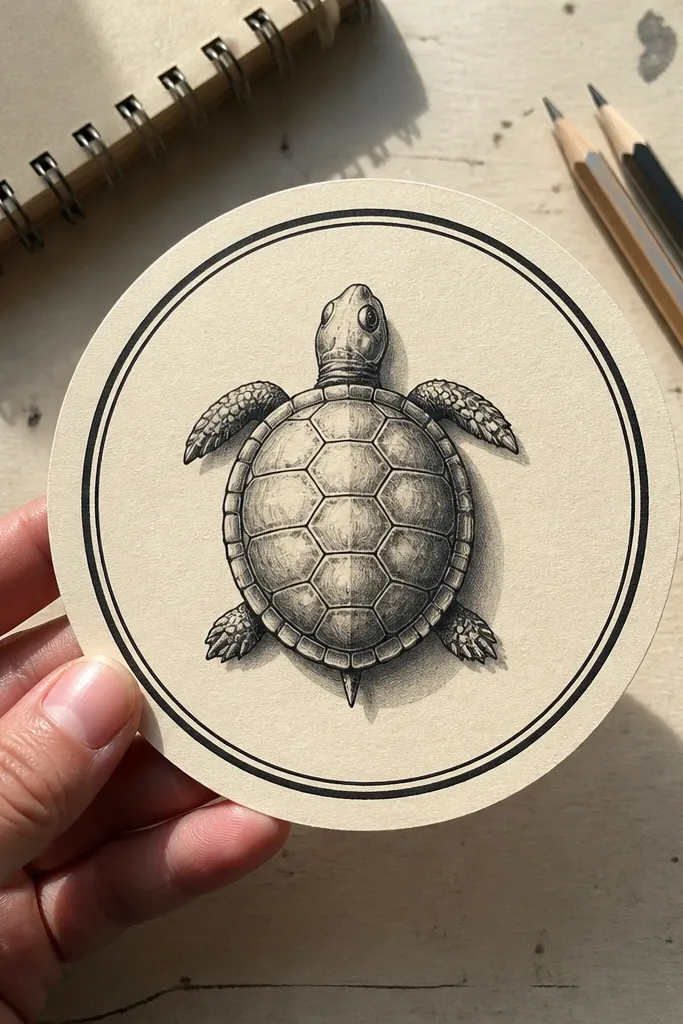 A turtle drawn inside a round badge with a border ring