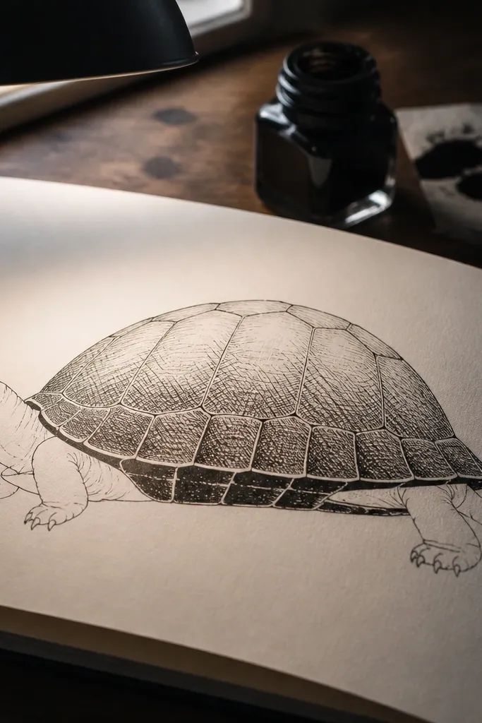 A black ink turtle shaded with crosshatch lines on the shell