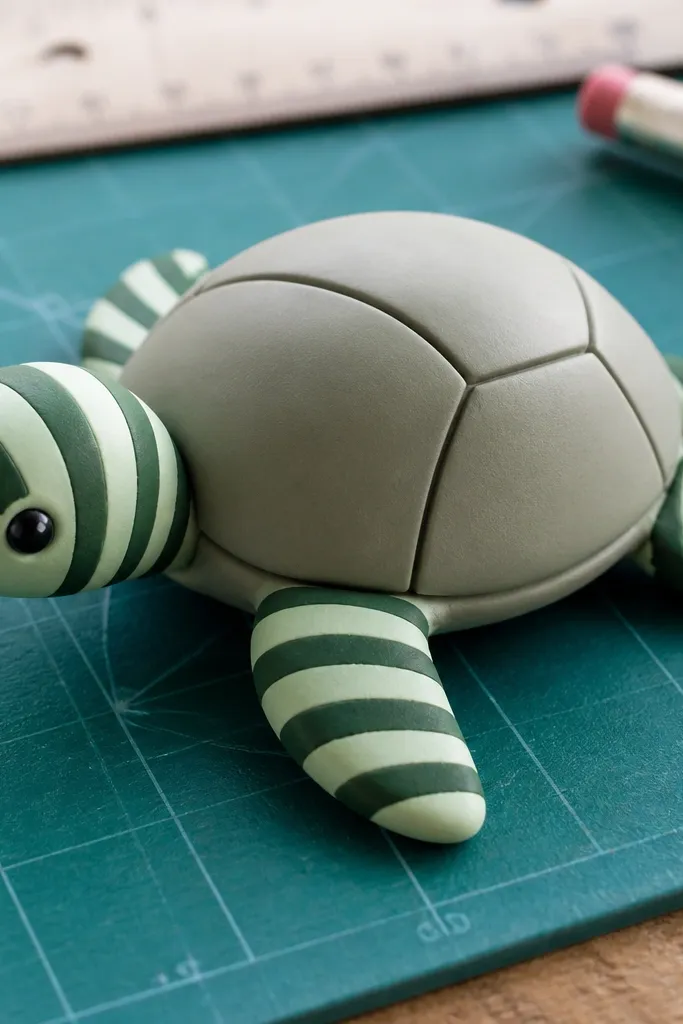 A turtle with a plain shell and striped legs