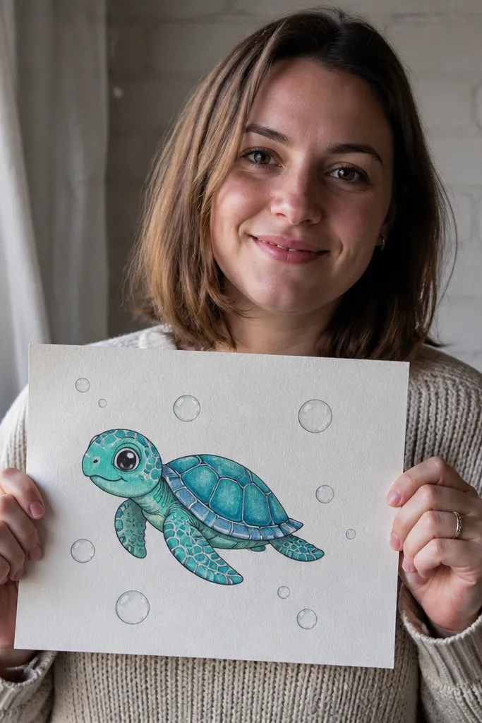 A turtle with scattered bubbles around it