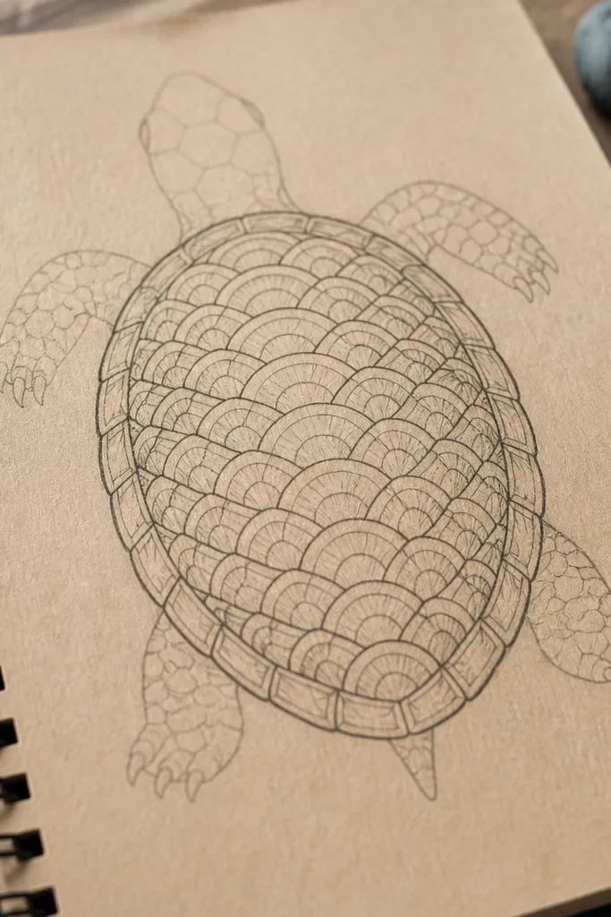 A turtle with scale-like curved lines on the shell