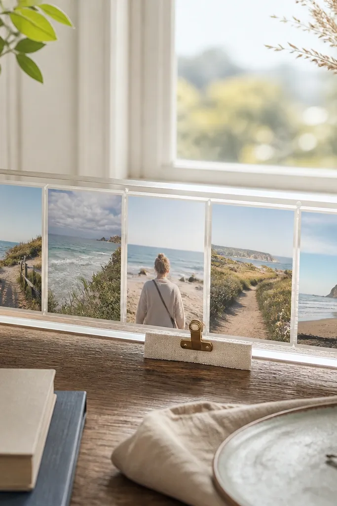 A clear acrylic strip board holding three travel photos with tan paper borders